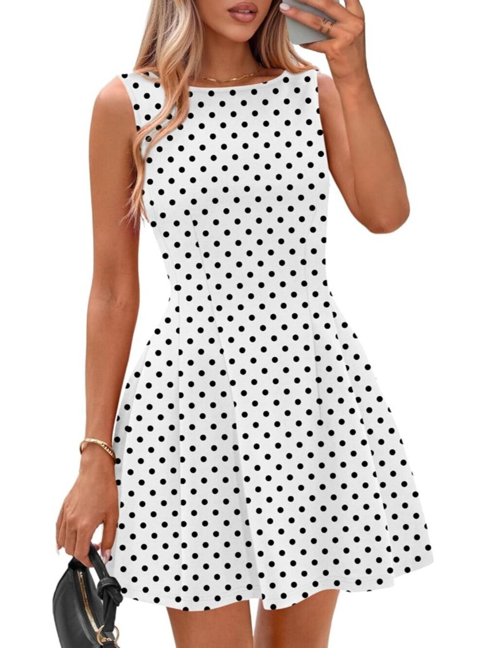〽️Women White Polka Dots Sleeveless Elegant Classy Boat Neck Cocktail Mini Dress